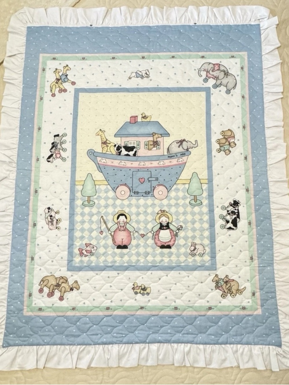 Vintage Handmade Noah’s Ark Baby Quilt, Nursery Ruffle Edge Blanket 48” x 38”
